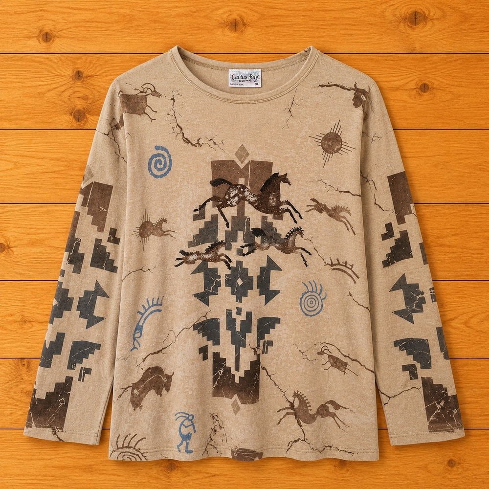 Cactus Bay Apparel Womens XL Southwestern Horse Rhinestone Cotton Top‎ Tan L/S